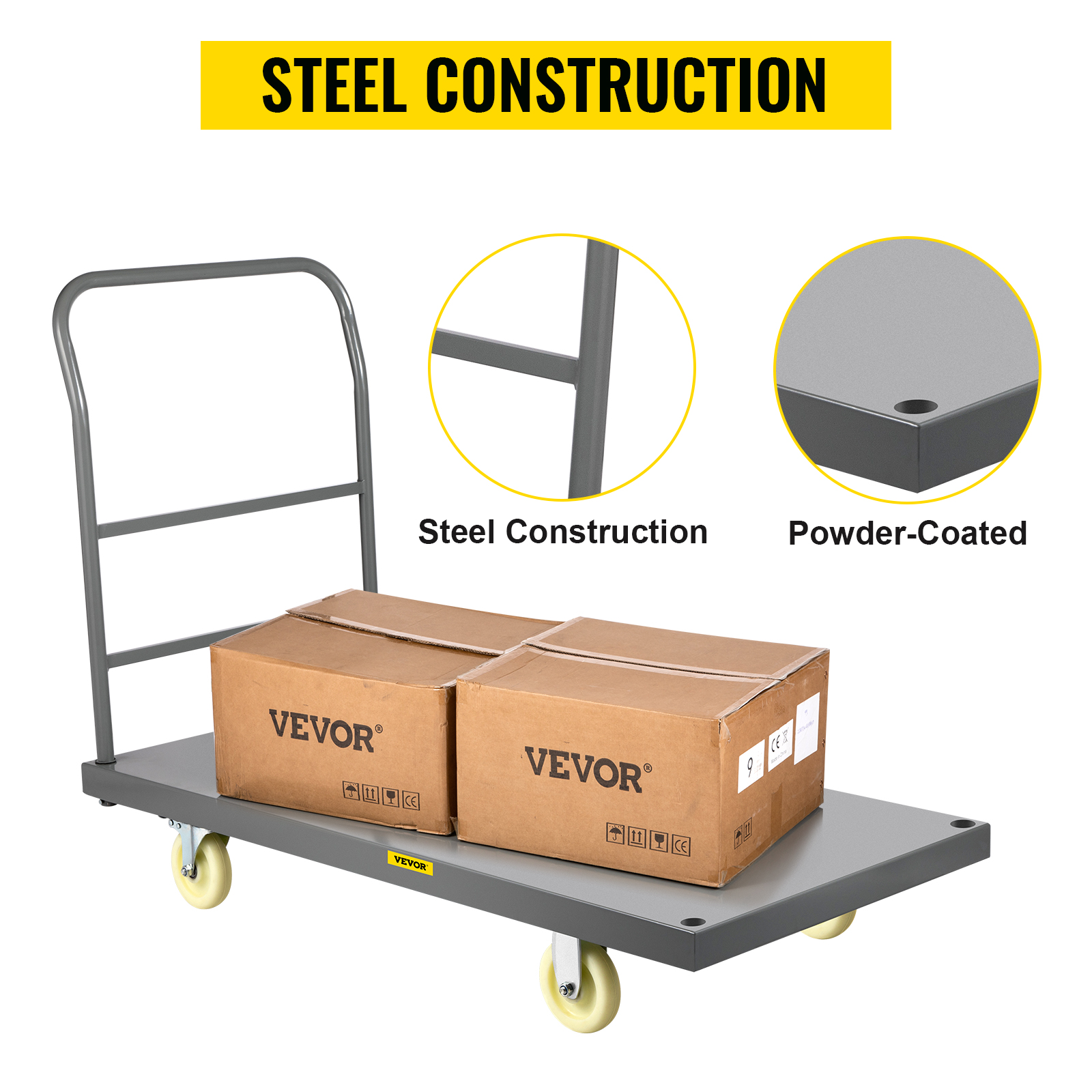 Heavy Duty Steel Flat Bed Cart - Polyurethane Wheels - Capacity: 2,000 lbs  - Deck LxW:: 60 x 30