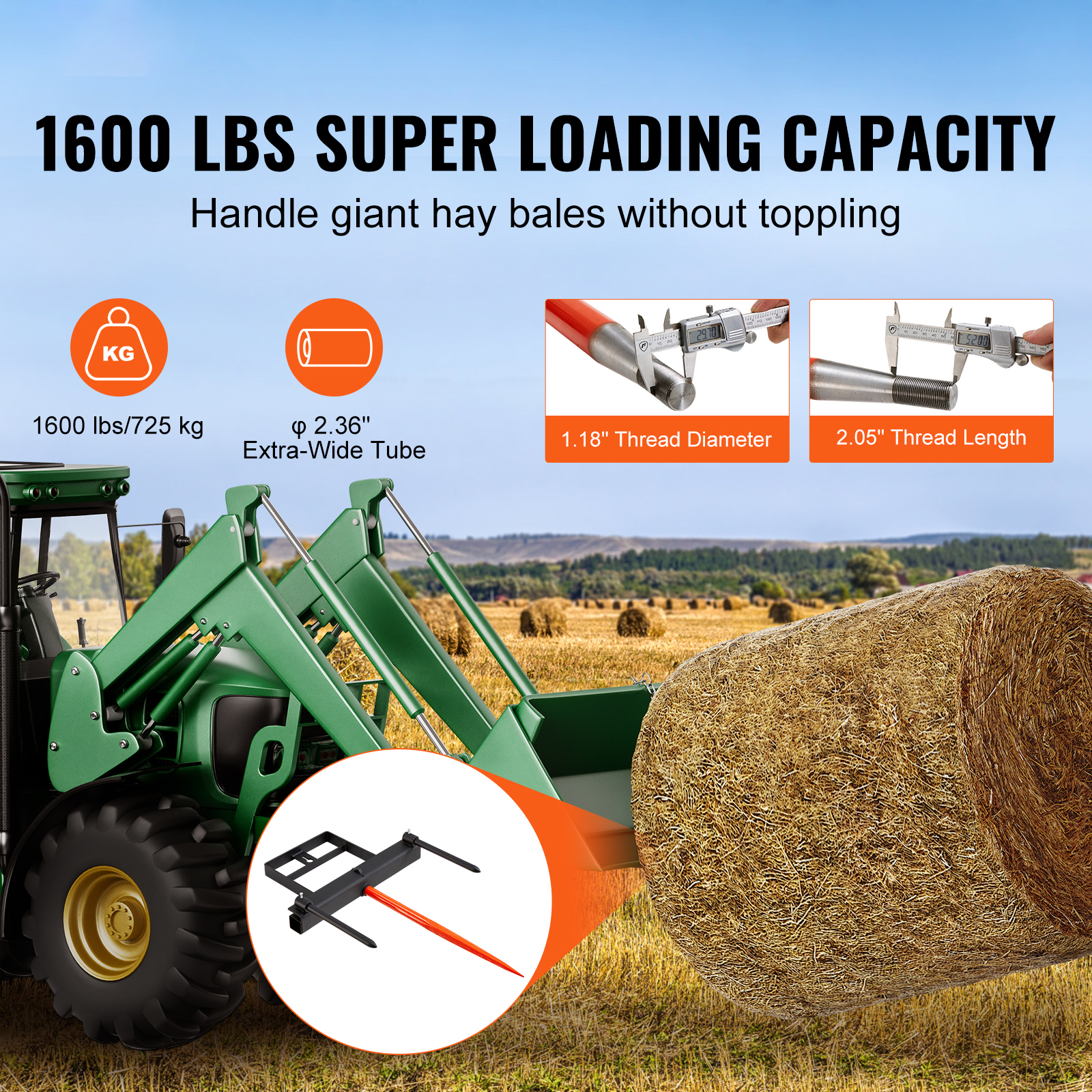 49 inch/39 inch Hay Spear Bale Skid 3-Point Hitch/Steer Loader 1600LBS / 3000LBS - Picture 28 of 50