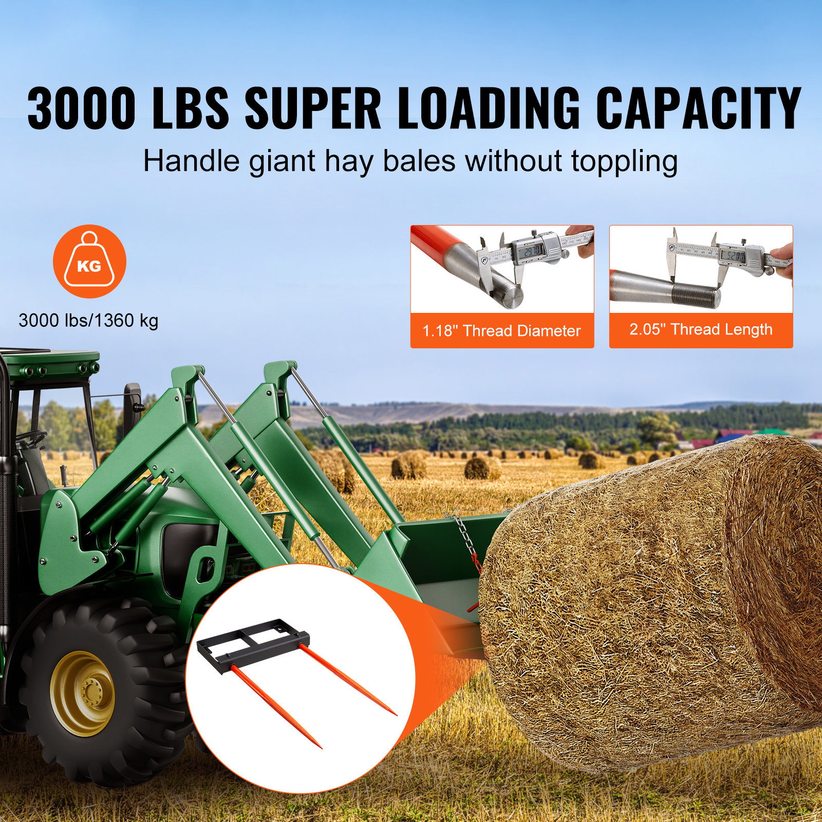 49 inch/39 inch Hay Spear Bale Skid 3-Point Hitch/Steer Loader 1600LBS / 3000LBS - Picture 40 of 50