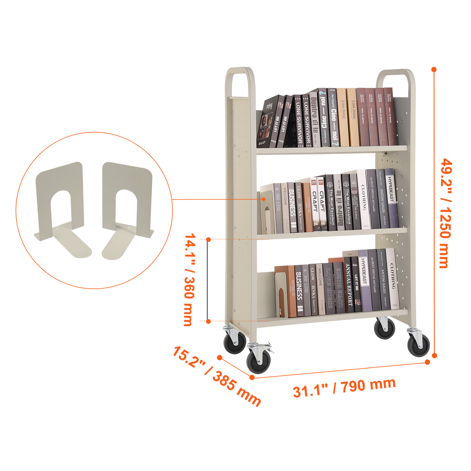 Chariot à Livres VEVOR 3 Niveaux – Capacité 150 Kg, Roulettes Freinées, 77 X 38 X 122 Cm, Idéal Bureau, Salon, école
