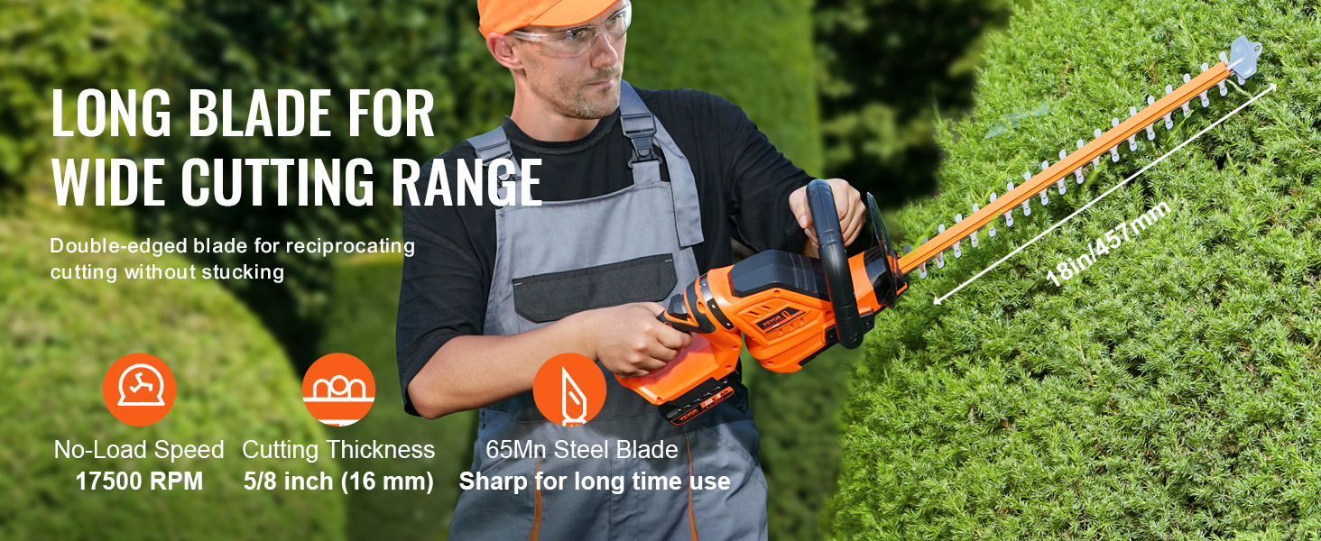 VEVOR 20V Cordless Hedge Trimmer 18 inch Double-Edged Steel Blade Hedge Trimmer Kit 20V Battery Fast Charger and Blade Cover Included 180° Rotating