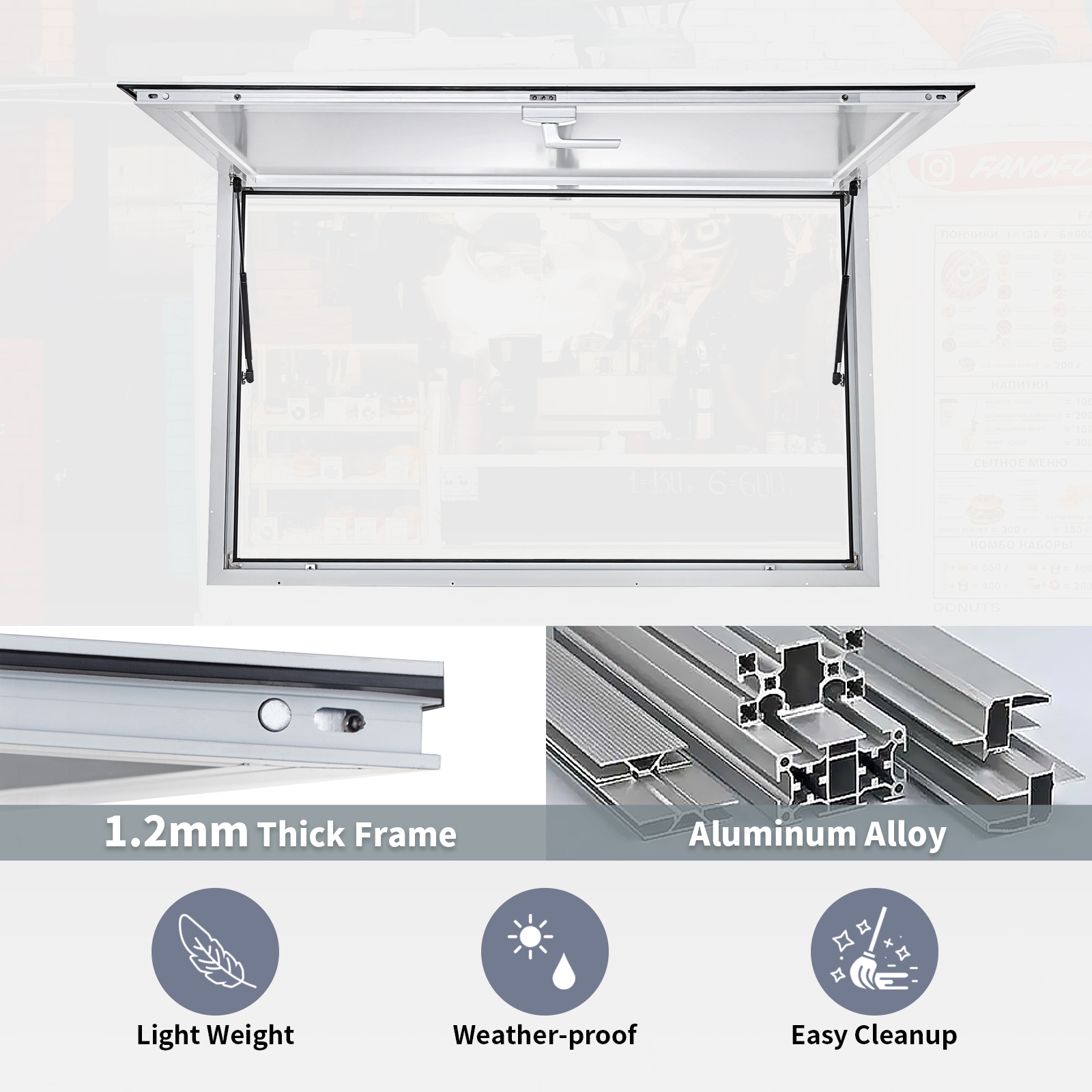 thumbnail image 2 of VEVOR 53"x33" Service Window, Aluminum Food Truck Serving Window With 4 Sliding Panels, Awning Door & Hook, Opens To 85 Degrees For Concession Trailers 2 of 13