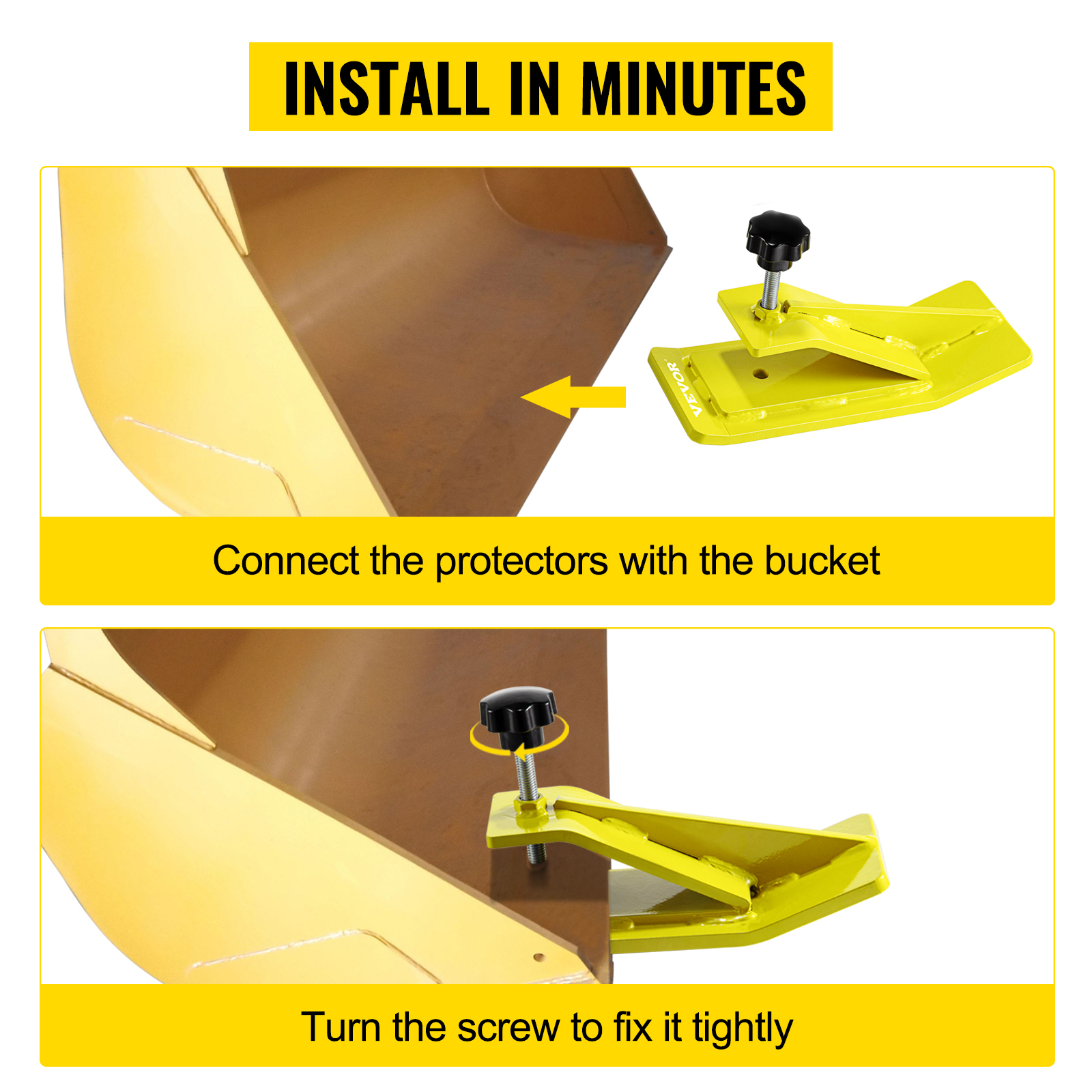 VEVOR Tractor Bucket Protector, 2pcs Ski Edge Protector, 12" Long Turf Tamer Skid Protector, 4" Width, Heavy Duty Steel Bucket Attachment for Snow Leaves Removal, Spreading Gravel, Yellow