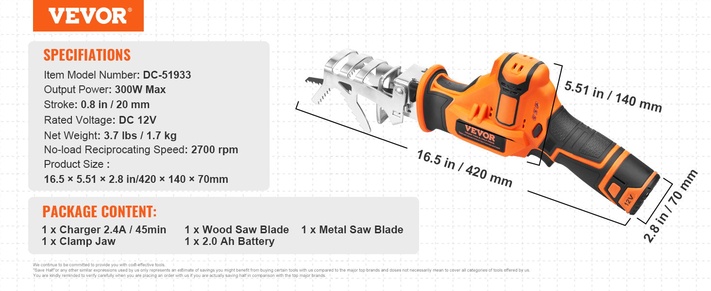 VEVOR Cordless Reciprocating Saw, 0-2700RPM Variable Speed, 0.8" Stroke Fast Cutting, 12V 45 Mins Fast Wireless Charging, Battery Powered with Branch Support and Blades for Wood, Metal, PVC