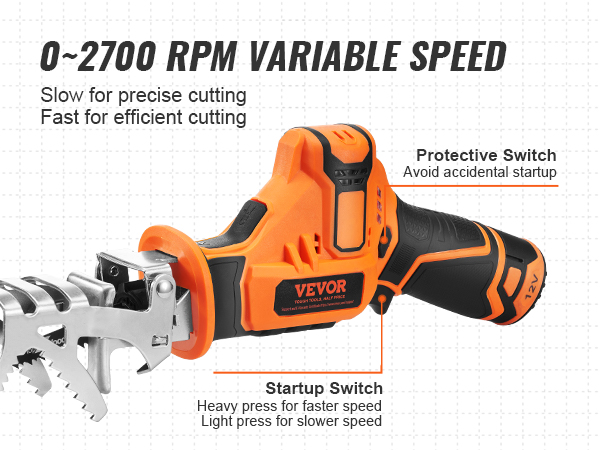 VEVOR Cordless Reciprocating Saw, 0-2700RPM Variable Speed, 0.8" Stroke Fast Cutting, 12V 45 Mins Fast Wireless Charging, Battery Powered with Branch Support and Blades for Wood, Metal, PVC