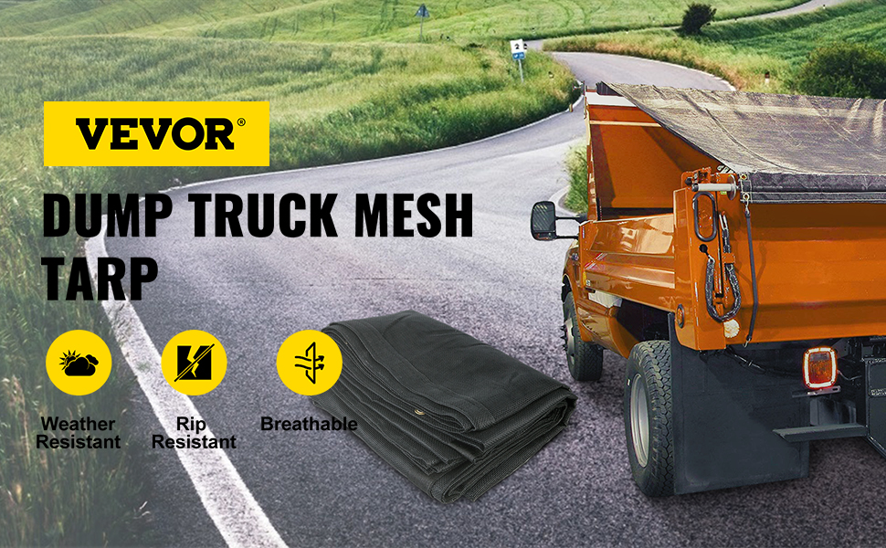 VEVOR Dump Truck Mesh Tarp, 8 x 18 ft, PVC Coated Black Heavy Duty Cover with 5.5 18oz Double Pocket, Brass Grommets, Reinforced Double Needle