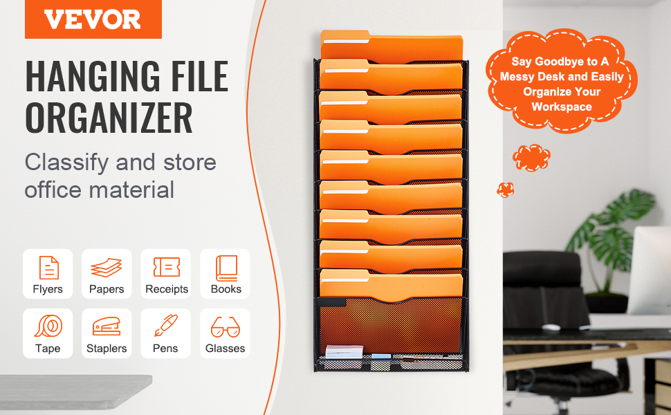 VEVOR File Wall Rack Mesh Wall File Holder 1-Piece 10 Pockets for ...