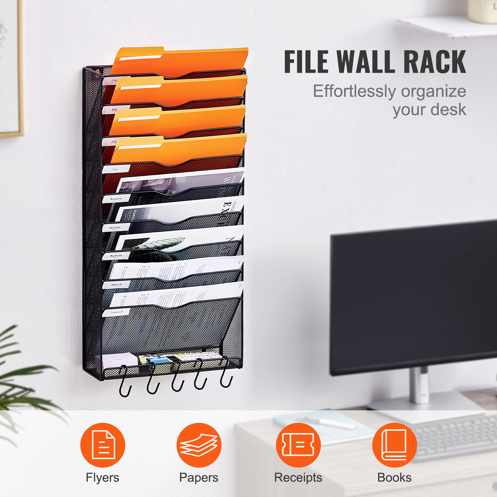 Uimoso File Wall Rack Mesh Wall File Holder 6/10/1/16/12 Pocket Office ...