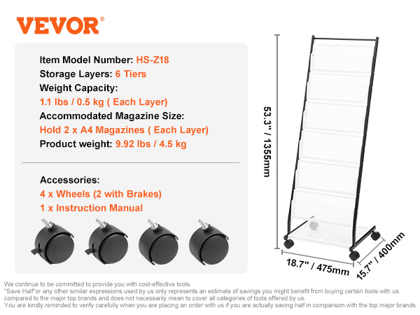 Dropship VEVOR Brochure Display Rack, 4-Tier 32 Pockets Rotating Magazine Literature Display Stand For Postcards 360 Spinning Greeting Cards Rack With 5 Wheels 2 Lockable For Shop Exhibitions Office