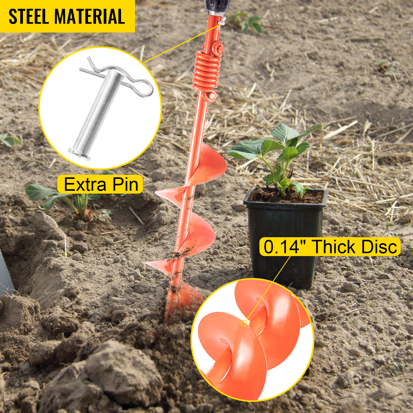 VEVOR Auger Drill, 6'' (D) x 35'' (L) Garden Auger Drill Bit with Shock Absorbing Spring , Drill