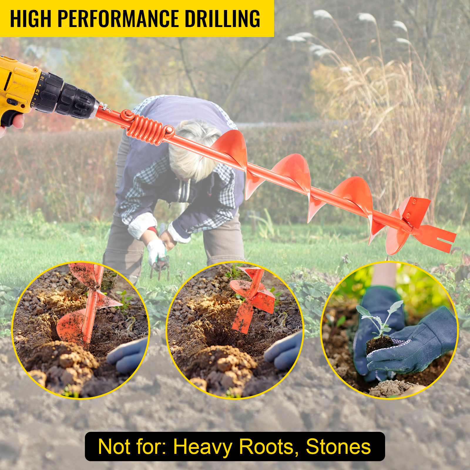 VEVOR Auger Drill, 6'' (D) x 35'' (L) Garden Auger Drill Bit with Shock