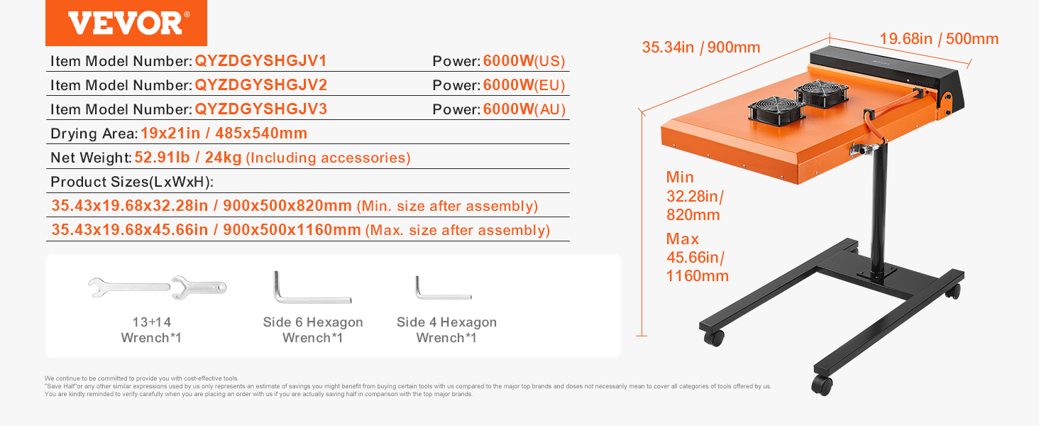 VEVOR flash dryer details: 6000w models for us, eu, au; 19x21in drying area; 52.91lb; adjustable height.