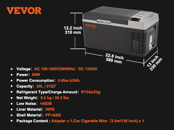 VEVOR 20 L Kühlbox 12 / 24 V Tragbarer Kühlschrank, Elektrische
