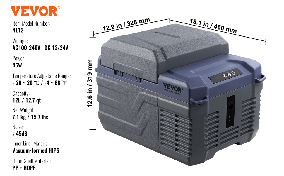 VEVOR car refrigerator nl12, 12l capacity, 45w power, adjustable temperature, and compact design.