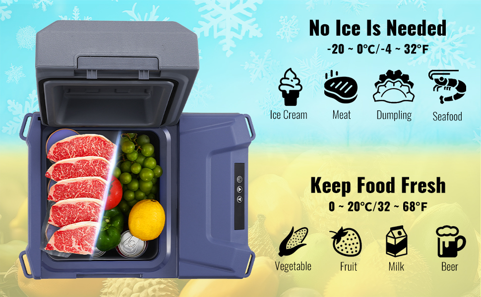 VEVOR car refrigerator with open lid containing fresh meat, fruits, vegetables, and cans, no ice needed.