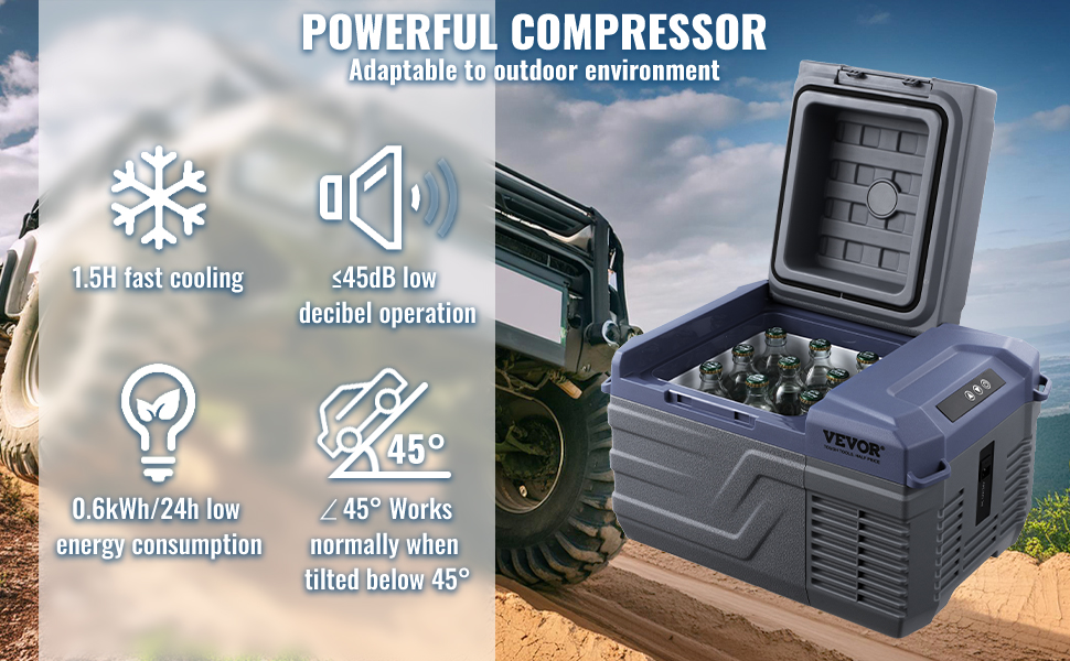 VEVOR car refrigerator with powerful compressor, 1.5h fast cooling, low energy use, and quiet operation.