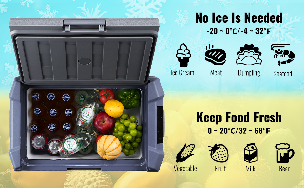 open VEVOR portable car refrigerator filled with beverages and fresh produce, highlighting cooling benefits.