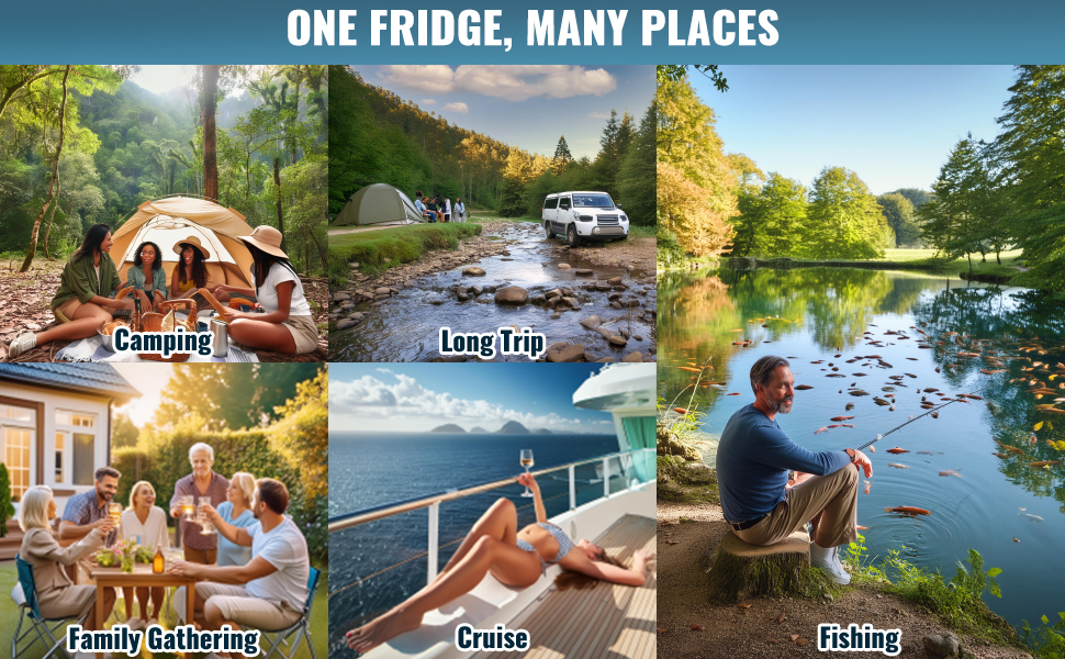 camping, long trip, fishing, cruise, and family gathering with the VEVOR portable car refrigerator.