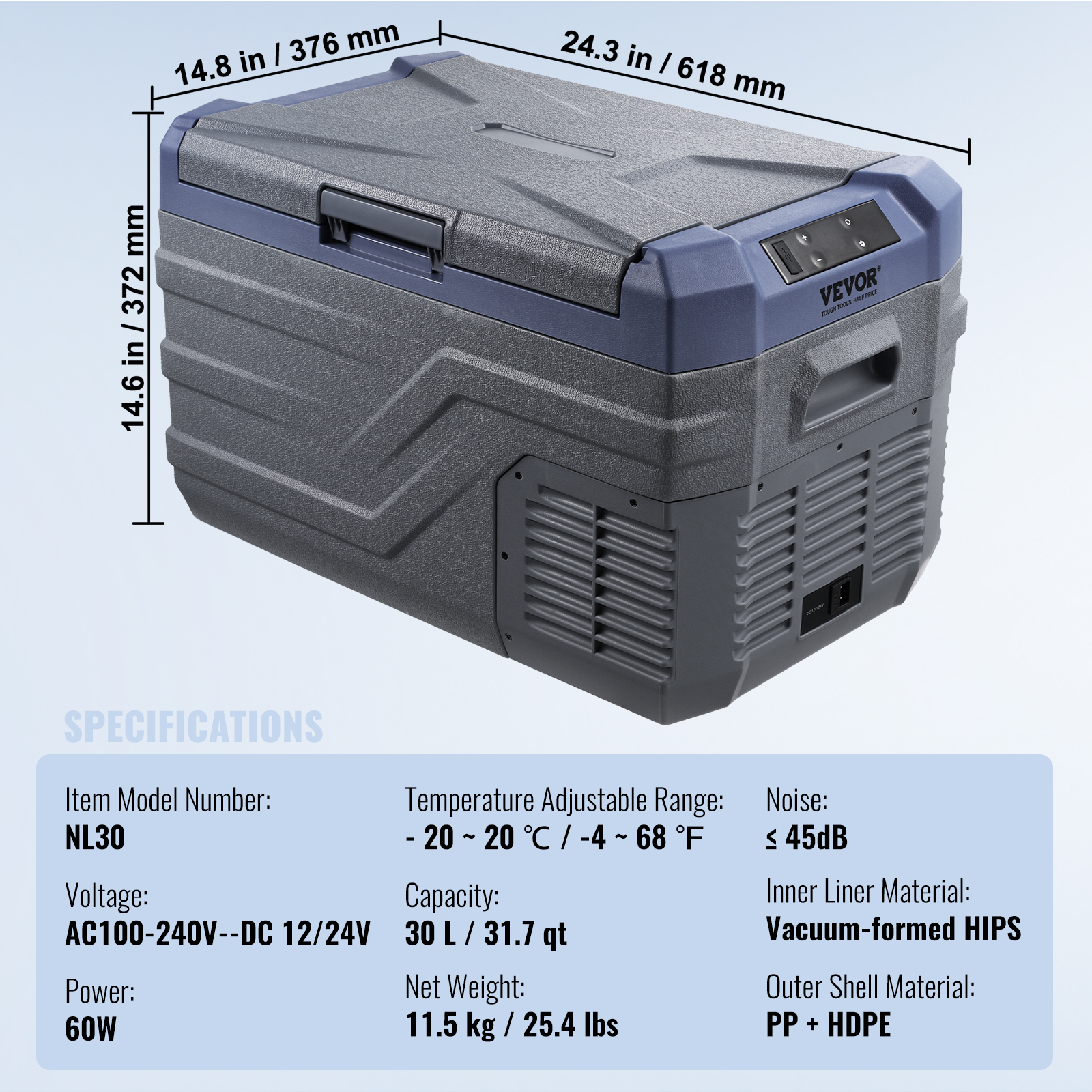 VEVOR 8/15/20/25/30/45/50/75L Portable Car Refrigerator Freezer Single Zone APP