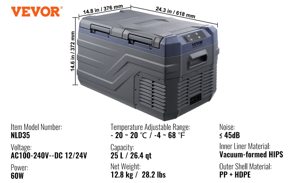 VEVOR portable car refrigerator nld35, 25l capacity, -20°c to 20°c range, compact and robust design.