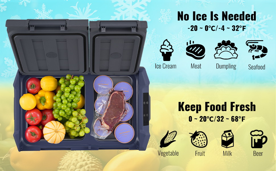 VEVOR portable car refrigerator keeping fruits, vegetables, and meat fresh in dual compartments.