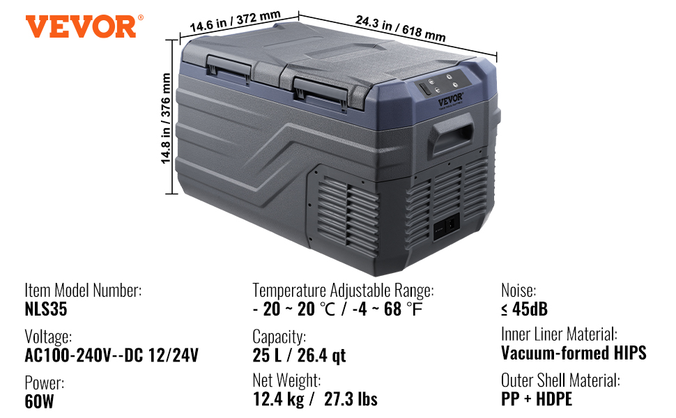 VEVOR car refrigerator freezer, 25l capacity, nls35 model, temperature range -4 to 68°f, 60w power.