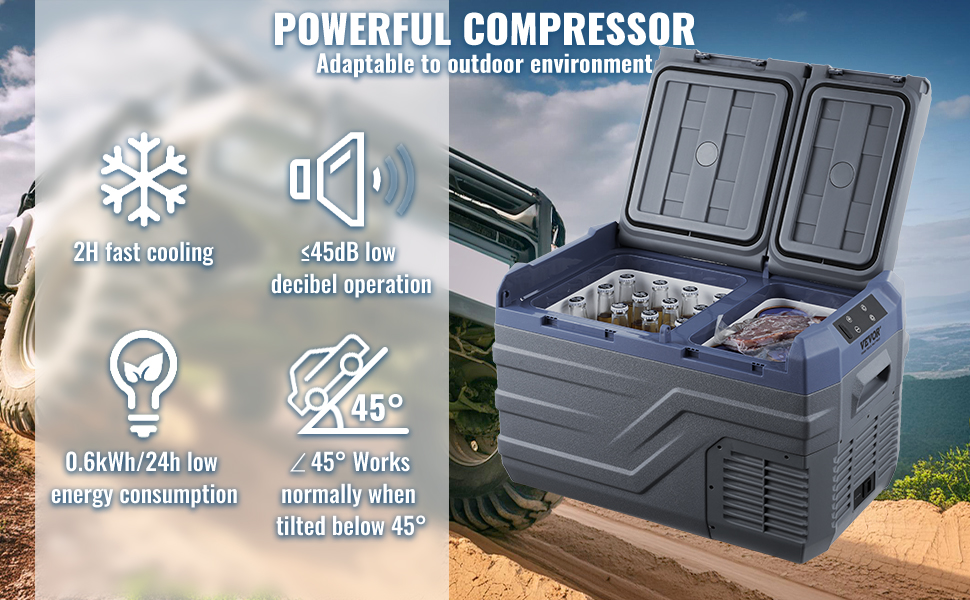 VEVOR car refrigerator freezer with dual compartments, fast cooling, low noise, and energy-efficient.