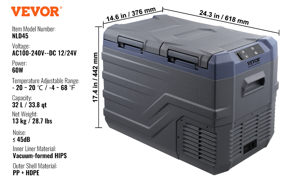 VEVOR portable car refrigerator, 32l capacity, nld45 model, adjustable temperature, 60w power.