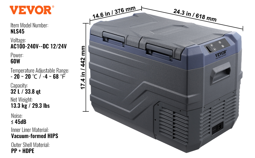 VEVOR portable car fridge nls45, 32l capacity, ac/dc, adjustable temperature, lightweight, durable design.