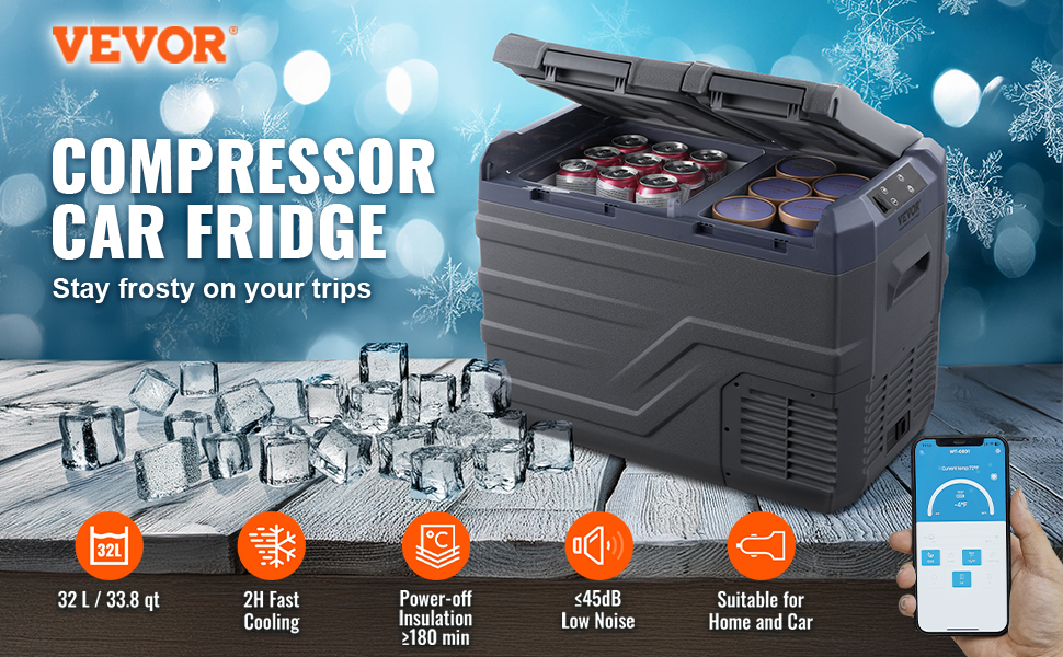 VEVOR portable car fridge with cans, ice, and mobile app; 32l capacity, fast cooling, low noise.