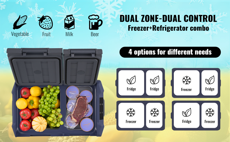 VEVOR portable car fridge filled with fresh vegetables, fruits, and meat, showing temperature settings and icons.