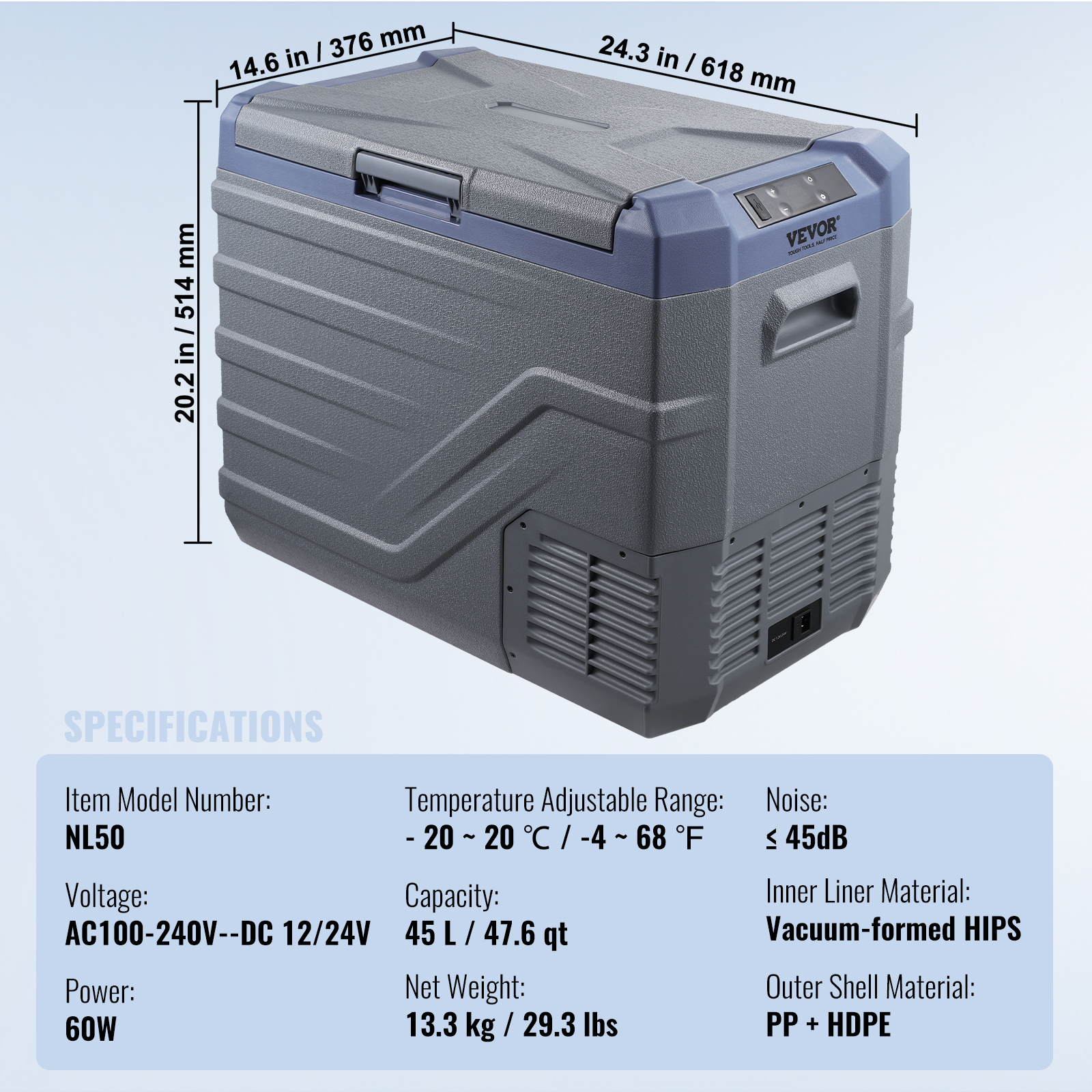 VEVOR 8/15/20/25/30/45/50/75L Portable Car Refrigerator Freezer Single Zone APP