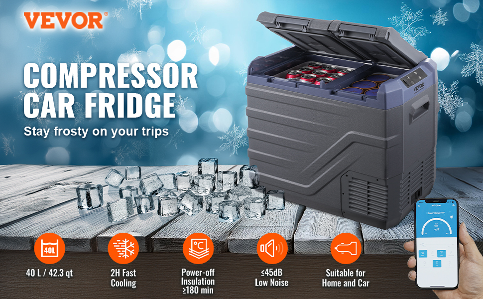 VEVOR car refrigerator freezer with ice cubes, cooling cans, and mobile app controls. suitable for home and car.