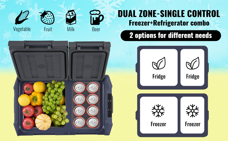 VEVOR car refrigerator freezer with fruits, vegetables, steak, and ice cream inside, temperature range details.