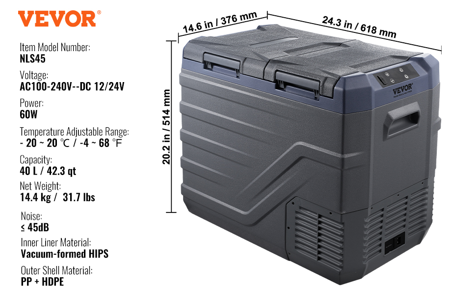 VEVOR car refrigerator displaying dimensions, voltage, capacity, and material specifications.