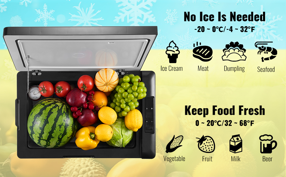 VEVOR portable car refrigerator filled with assorted fruits and vegetables, emphasizing no ice needed.