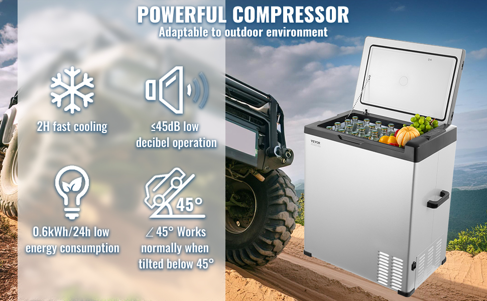 VEVOR portable car refrigerator with powerful compressor, fast cooling, and low energy consumption.