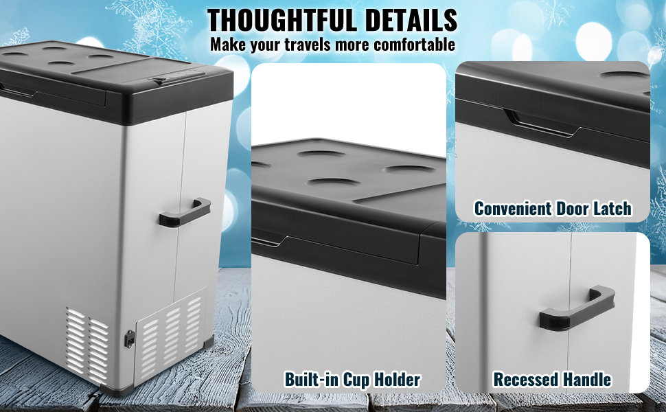 VEVOR portable car refrigerator with built-in cup holder, convenient door latch, and recessed handle.