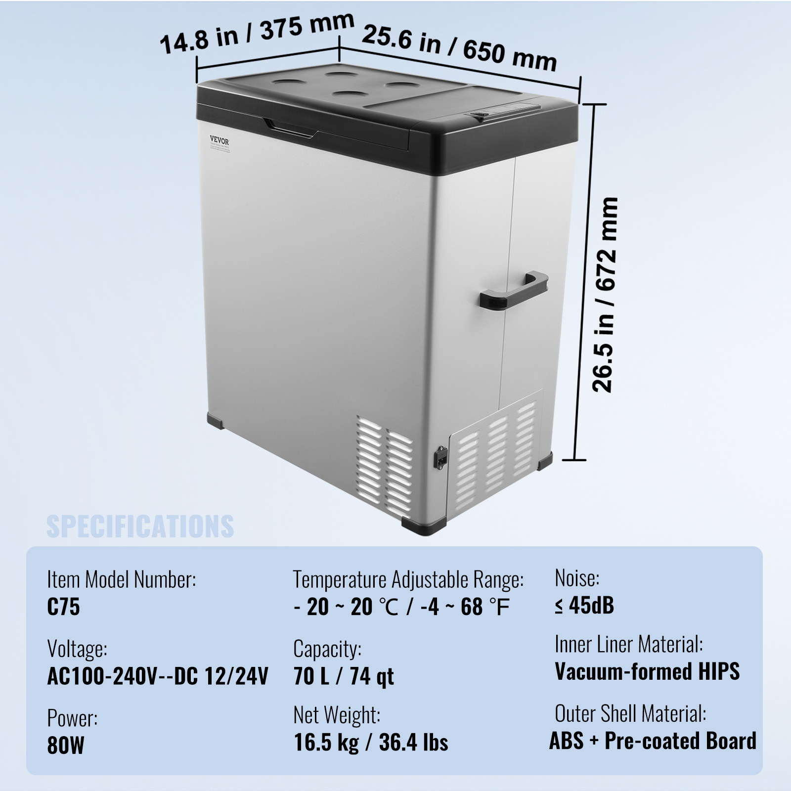 VEVOR 8/15/20/25/30/45/50/75L Portable Car Refrigerator Freezer Single Zone APP