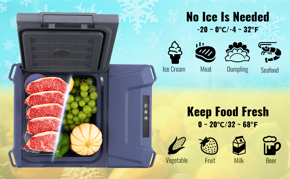 VEVOR portable car refrigerator open with meat, grapes, and a pumpkin inside; perfect for keeping food fresh.