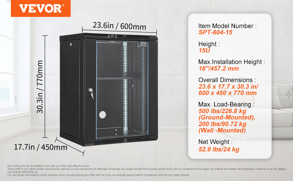 VEVOR 15U Wall Mount Network Server Rack Cabinet Enclosure 457.2 mm ...