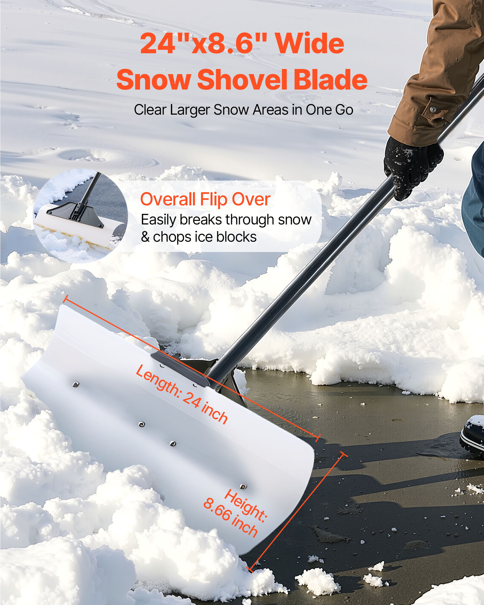 VEVOR Snow Pusher Shovel 24" 30" 36" 48" Snow Plow for Driveway Ergonomic Grip