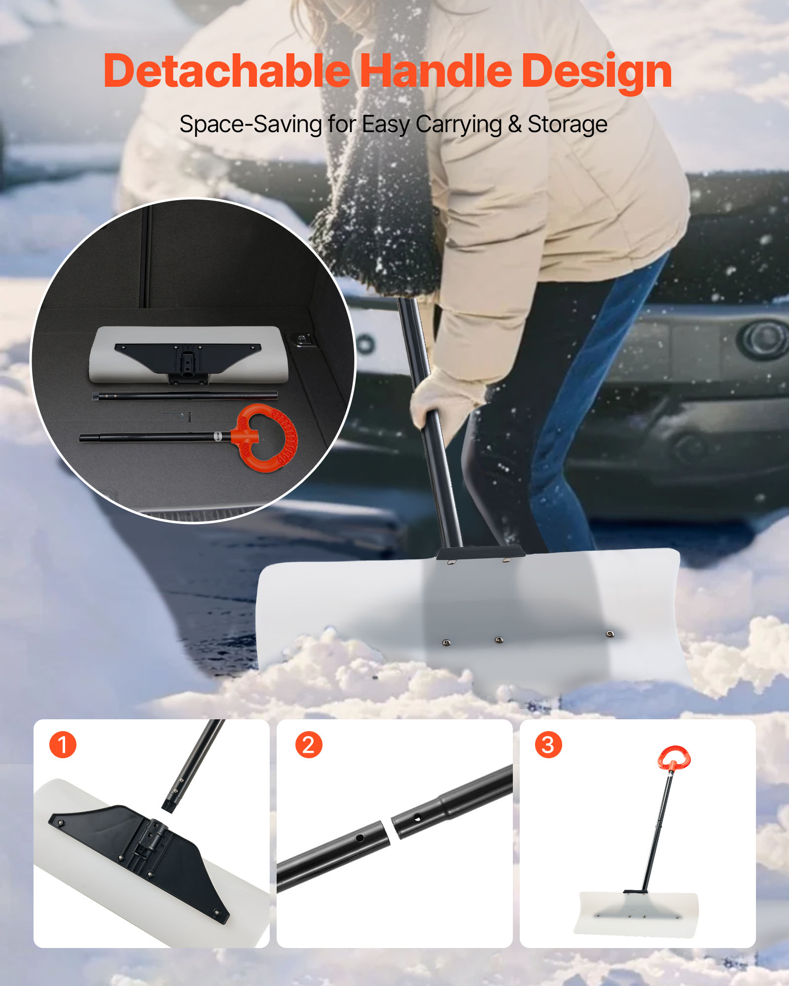 VEVOR Snow Pusher Shovel 24" 30" 36" 48" Snow Plow for Driveway Ergonomic Grip