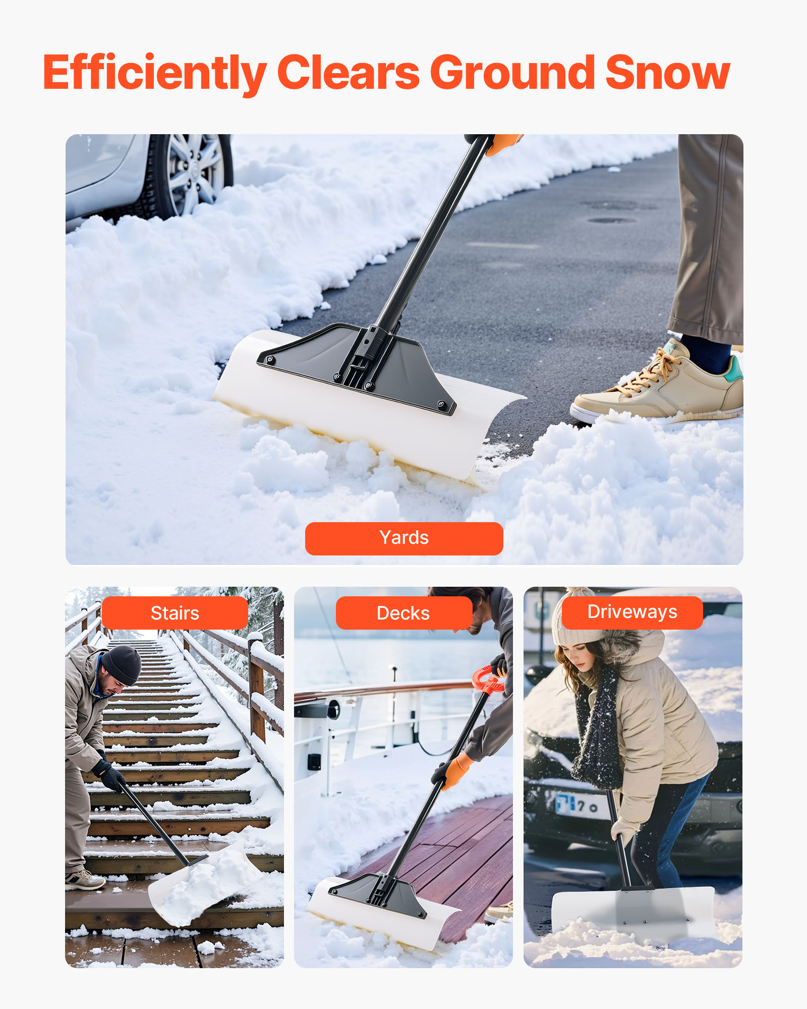 VEVOR Snow Pusher Shovel 24" 30" 36" 48" Snow Plow for Driveway Ergonomic Grip
