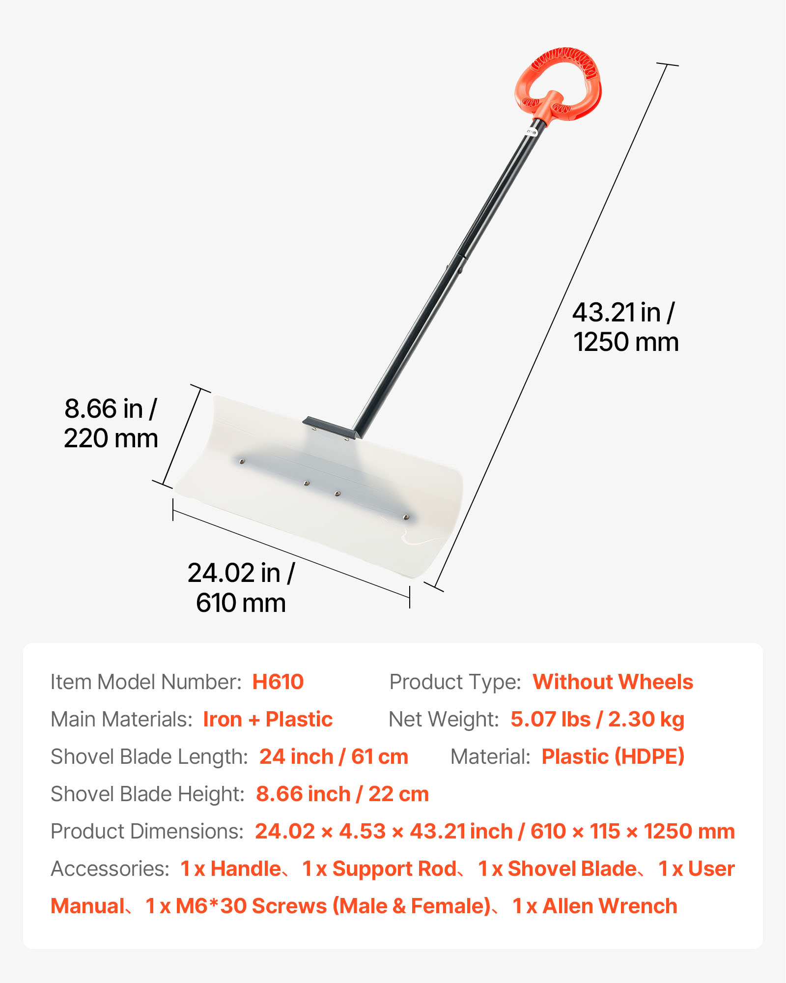 VEVOR Snow Pusher Shovel 24" 30" 36" 48" Snow Plow for Driveway Ergonomic Grip
