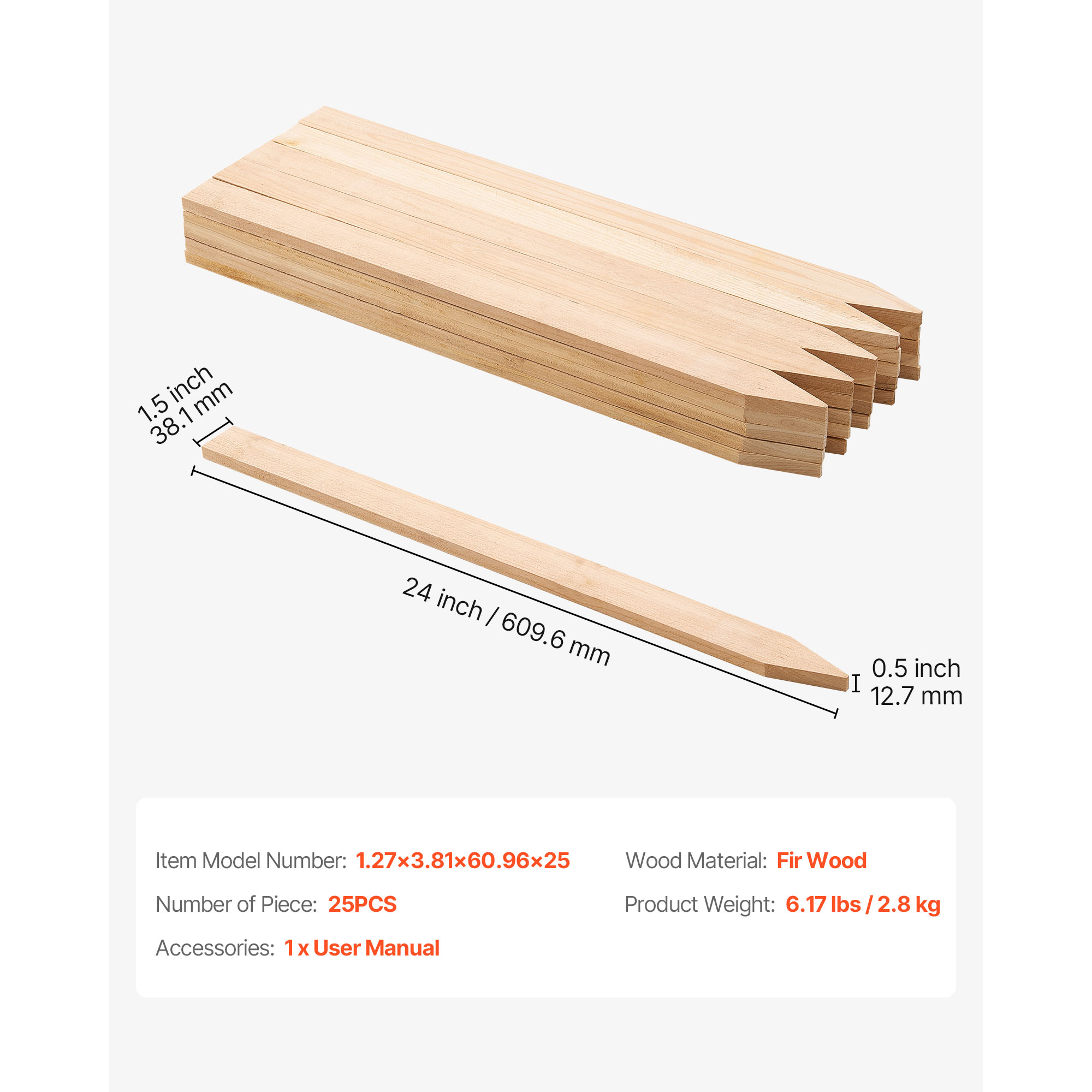 Uimoso Set of 25 Wooden Stakes Fir Wood 24