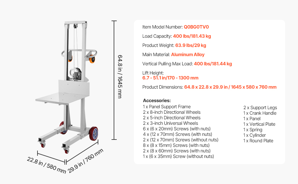 Material Lift Winch Stacker 400 lbs Capacity Pallet Truck Dolly 51.1 in Max Lift