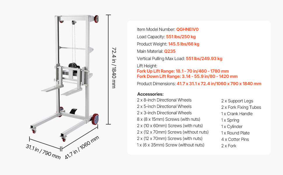 Material Lift Winch Stacker 551 lbs Capacity Pallet Truck Dolly 70 in Max Lift