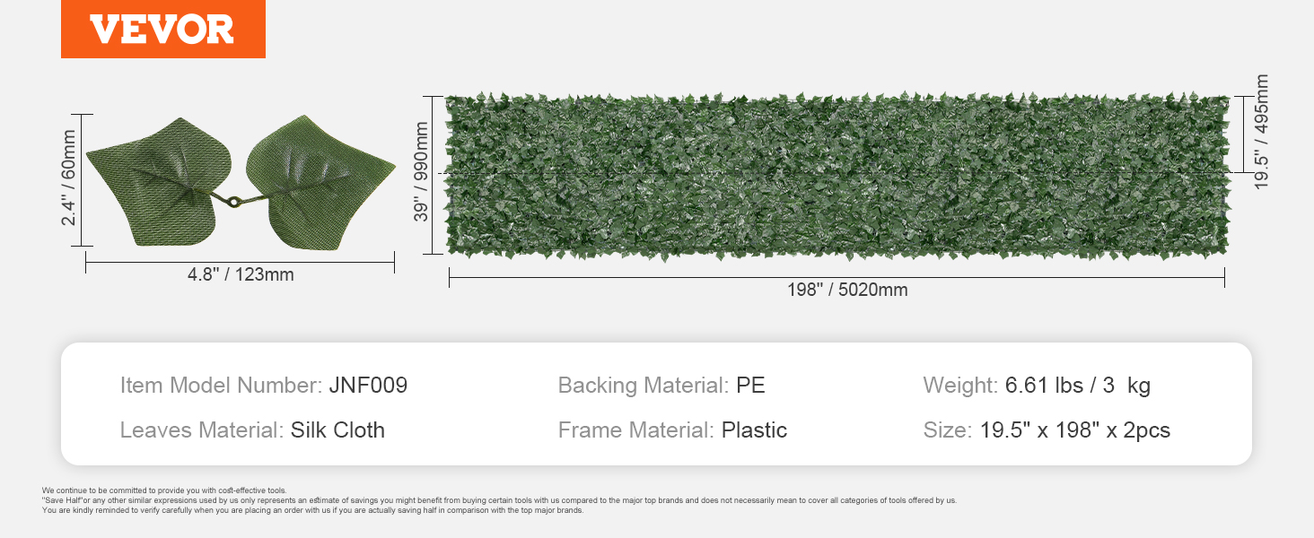VEVOR mesterséges sövény 99x502cm Borostyánlevél adatvédelmi képernyő Selyemszövet levelek PE hátlap műanyag keret anyaga Adatvédelem képernyő levelekkel Növény fal kerítés Ideális kerti terasz erkélyéhez