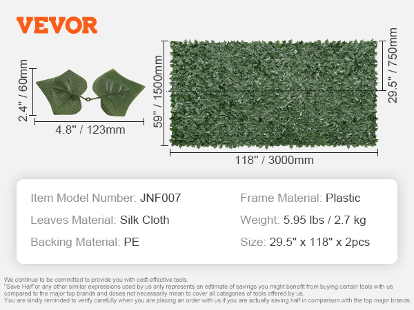 VEVOR Ivy Privacy Fence, 59 x 118in Artificial Green Wall Screen, Greenery Ivy Fence with Mesh Cloth Backing and Strengthened Joint, Faux Hedges Vine Leaf Decoration for Outdoor Garden, Yard, Balcony